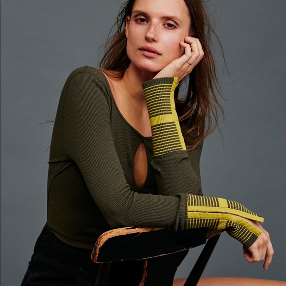 Free People Tops - Free People Army Green Waffle Knit Thermal Top L